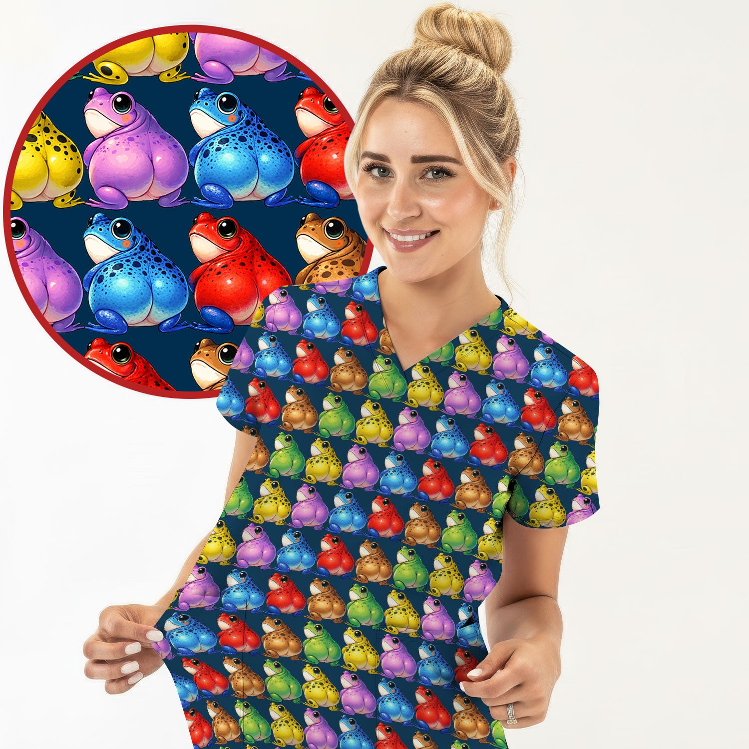Funny Colorful Frogs Pattern Scrubs Top, Comfortable Scrubs for Nurses