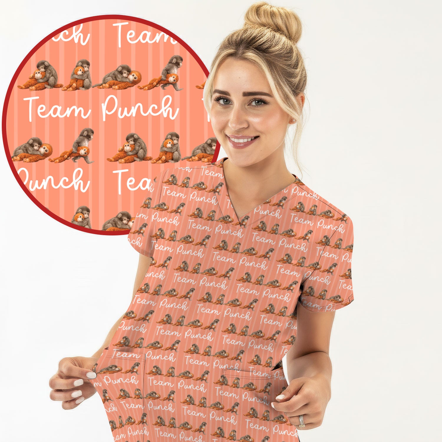 Funny Monkey Team Punch Scrub Top, Breathable Fabrics Nursing Uniform