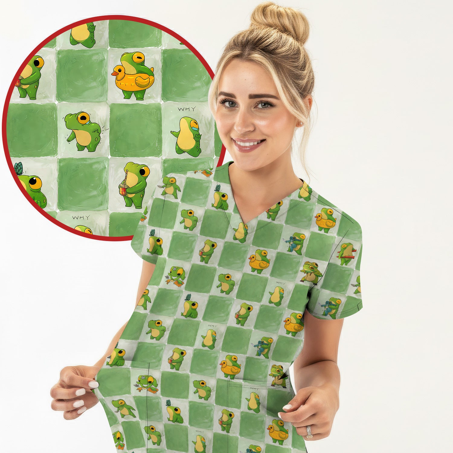 Cute Frog Duck Checkerboard Pattern Scrub Top, Breathable Fabrics Nursing Uniform