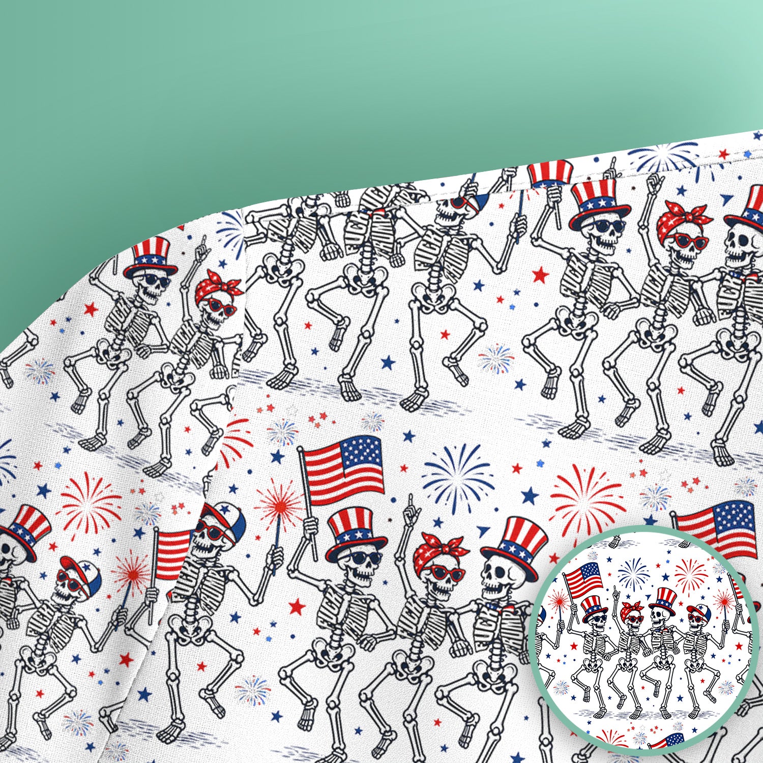 Funny Patriotic Skeleton Pattern, July 4 Medical Scrub Top, Comfortable Scrubs for Nurses