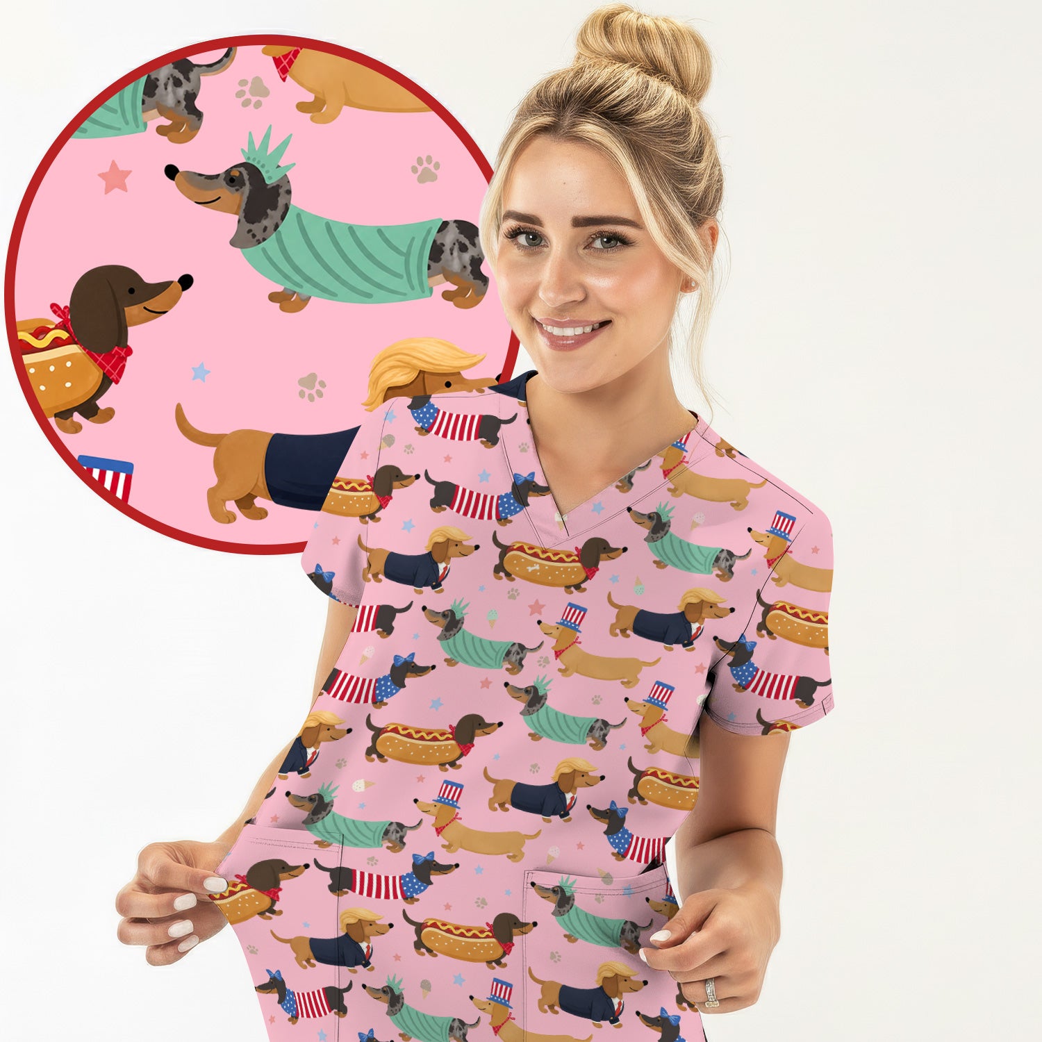 Funny Patriotic Dachshund Costume Dogs Pattern Scrub Top, Breathable Fabrics Nursing Uniform