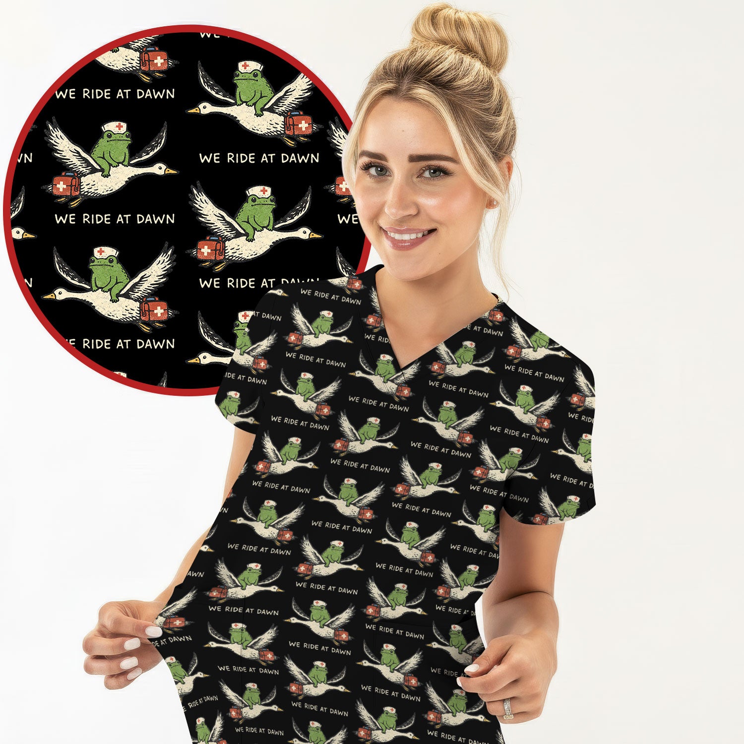 Funny Frog Riding Goose Nurse Pattern Scrub Top, Comfortable Scrubs for Nurses