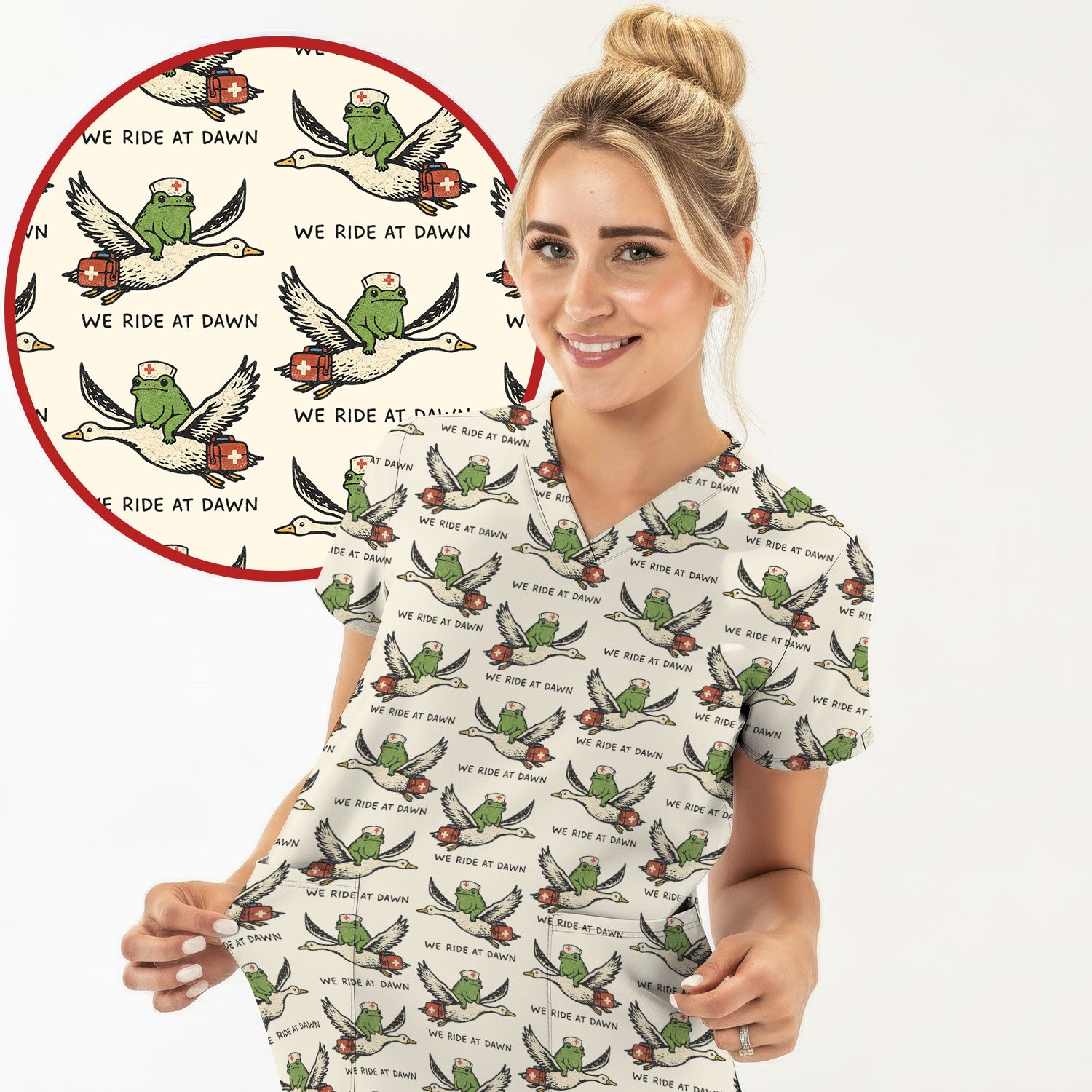 Funny Frog Riding Goose Nurse Pattern Scrub Top, Comfortable Scrubs for Nurses