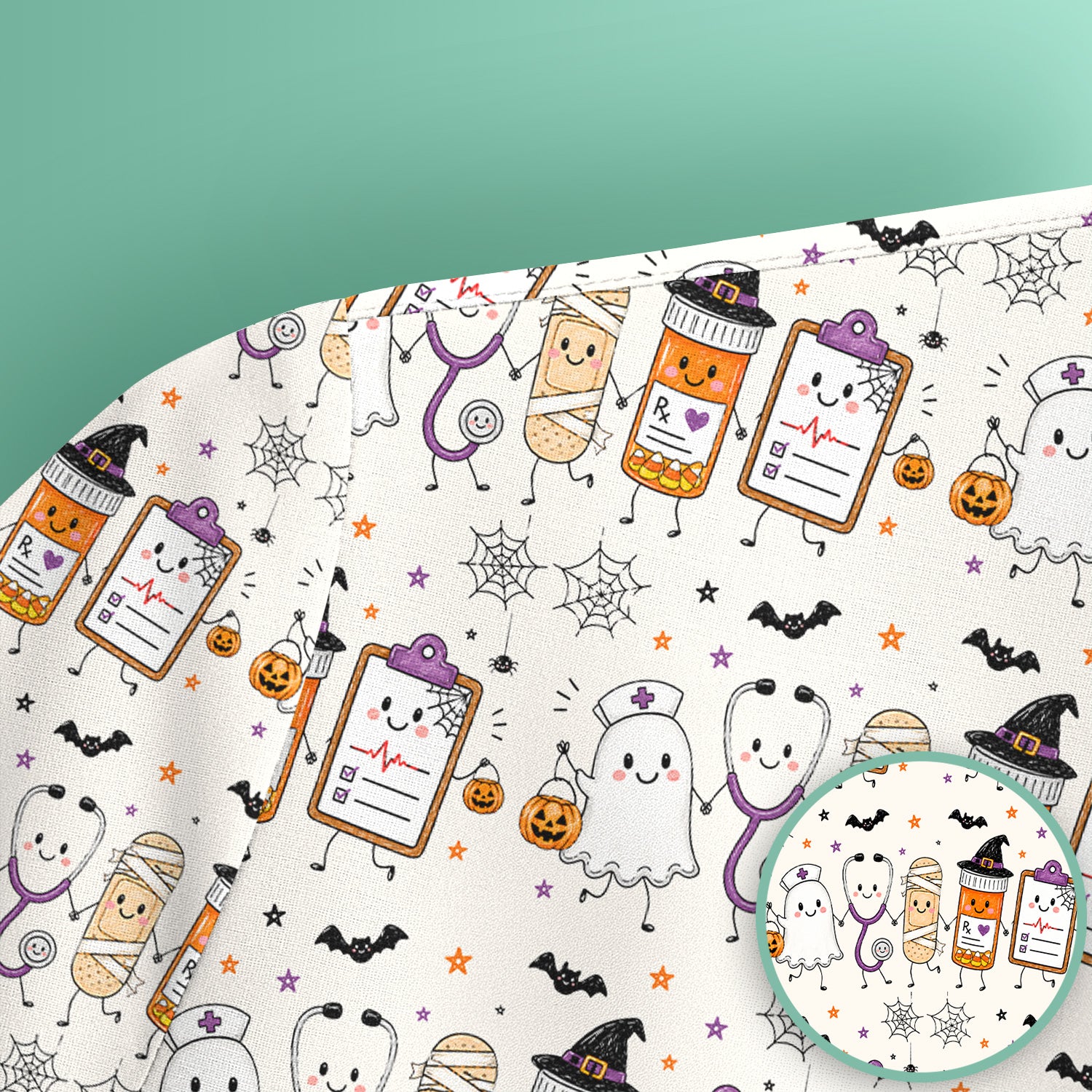 Halloween Medical Characters Print Scrub Top, Comfortable Scrubs for Nurses