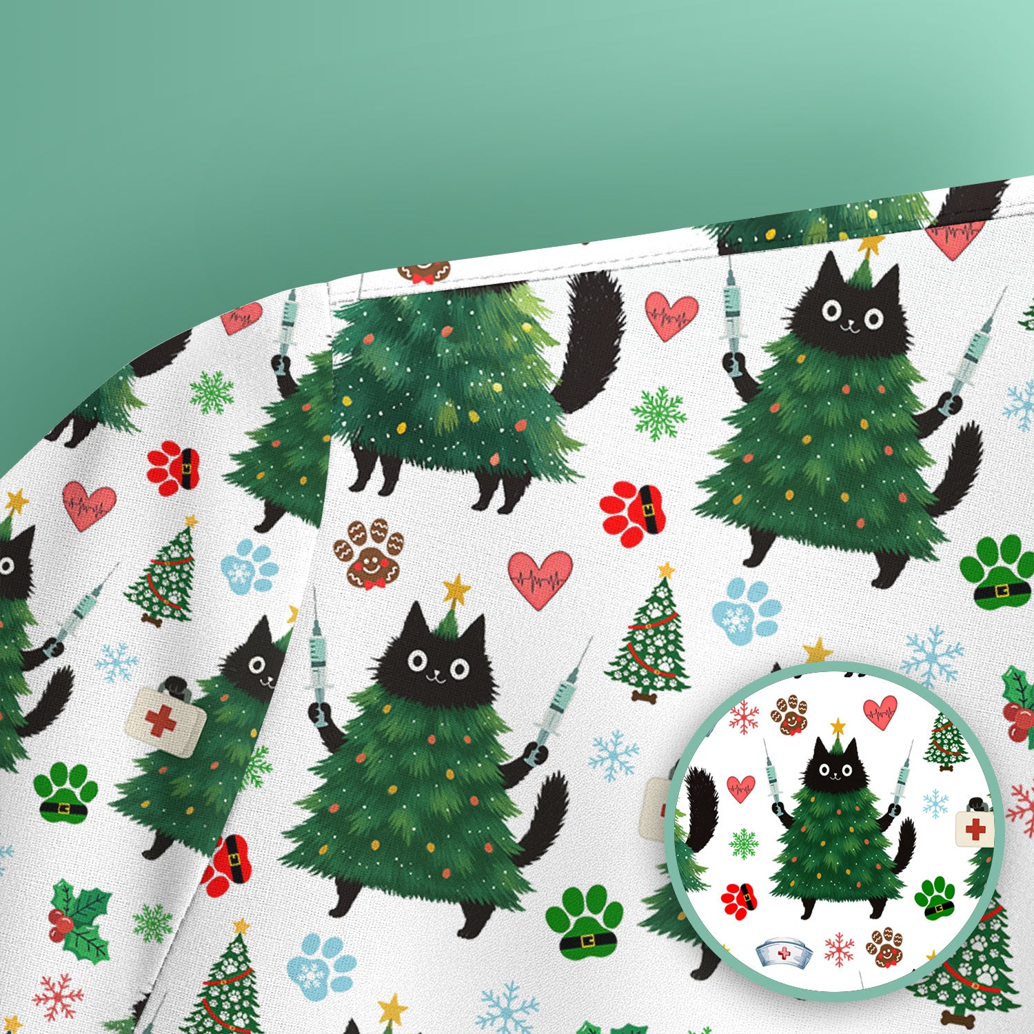 Christmas Nurse Scrub Top, Xmas Black Cat Pattern Nurse Shirt,  Breathable Fabrics Nursing Uniform
