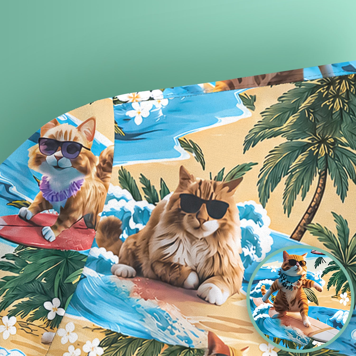 Tropical Surfing Cat with Beach Wave Island Print Scrub Top, Comfortable Scrubs for Nurses