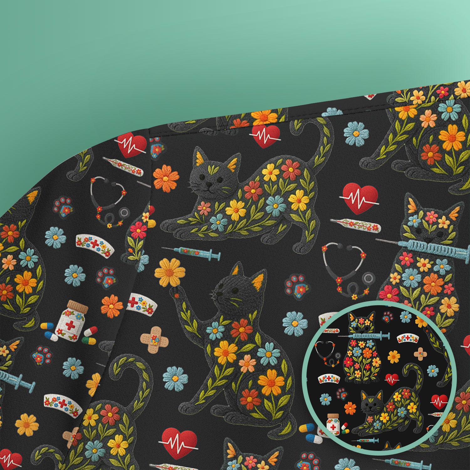 Floral Black Cat Pattern Scrub Top, Cute Cat Nurse Scrub Shirt, Medical Nursing Uniform