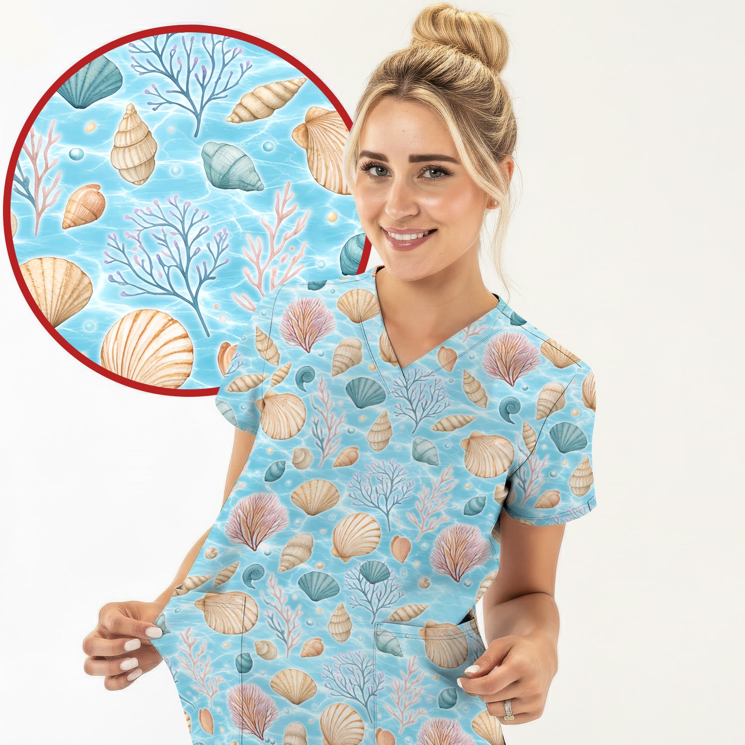 Cute Nurse Coastal Seashell And Coral Reef Scrub Top, Breathable Fabrics Nursing Uniform