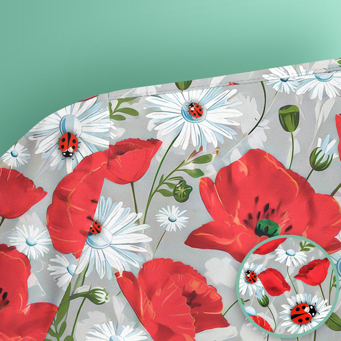 Cute Red Poppy Daisy Ladybug Floral Print Scrub Top, Comfortable Scrubs for Nurses