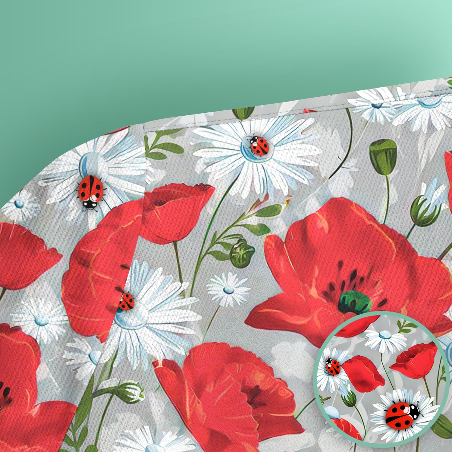Cute Red Poppy Daisy Ladybug Floral Print Scrub Top, Comfortable Scrubs for Nurses