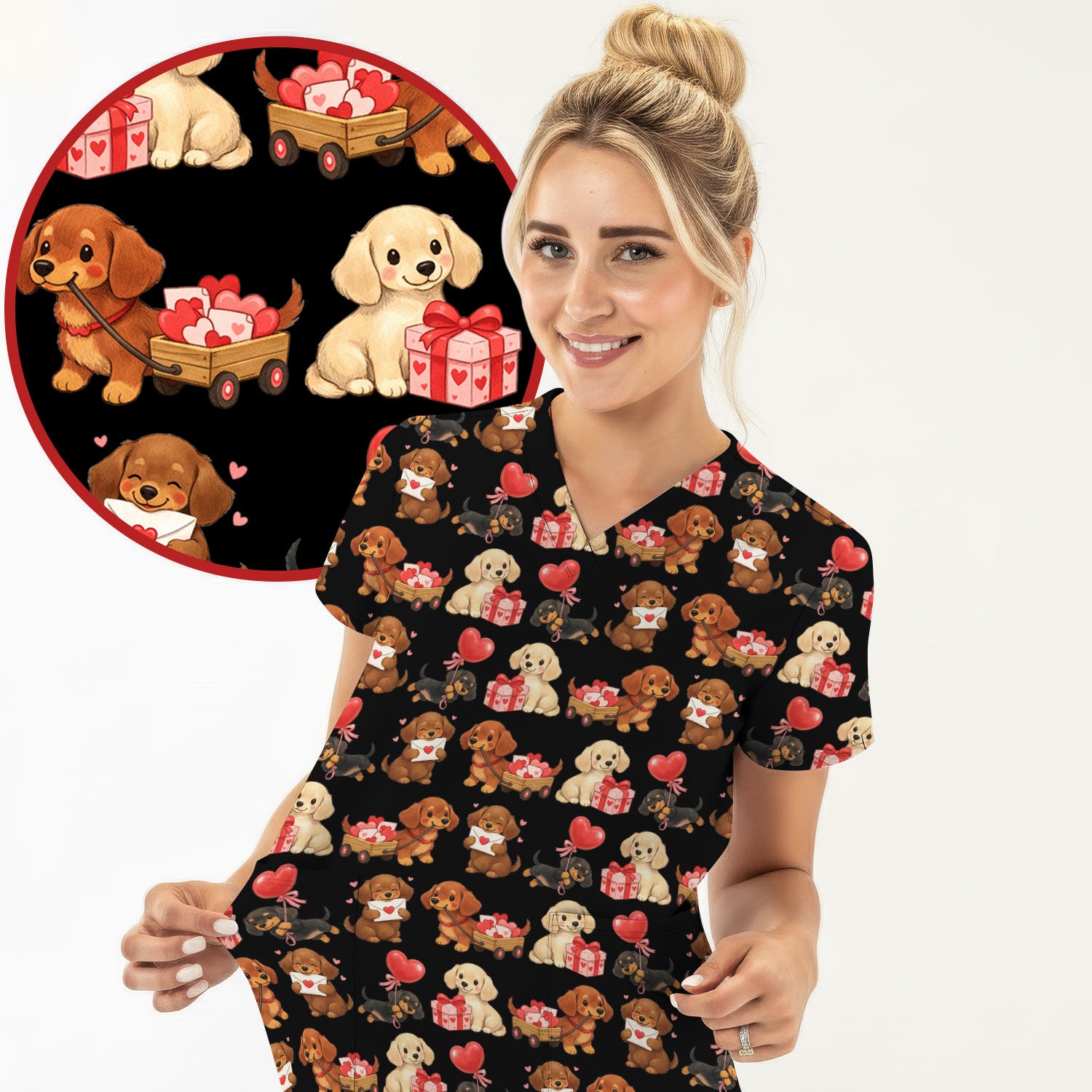 Cute Dachshund Nurse Scrub Top For Nurses, Wiener Dog Pattern Nurse Shirt, Breathable Fabrics Nursing Uniform