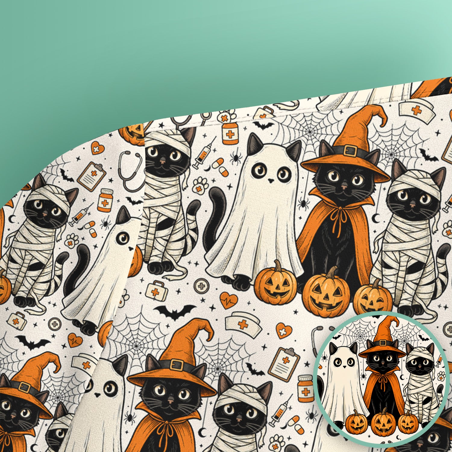 Spooky Halloween Costume Cats Scrub Top, Comfortable Scrubs for Nurses