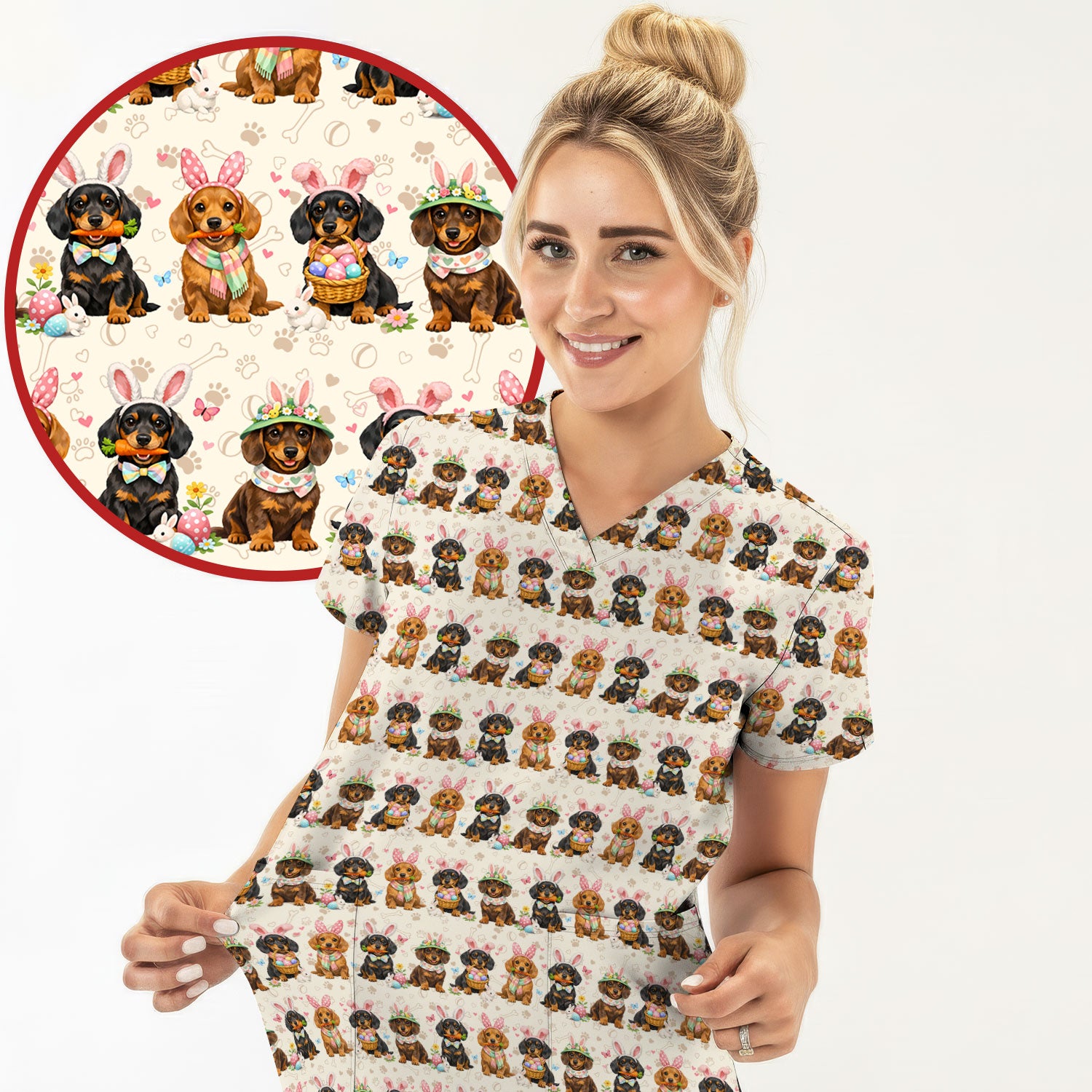 Cute Easter Dachshund Dog Bunny Print Scrub Top, Breathable Fabrics Nursing Uniform