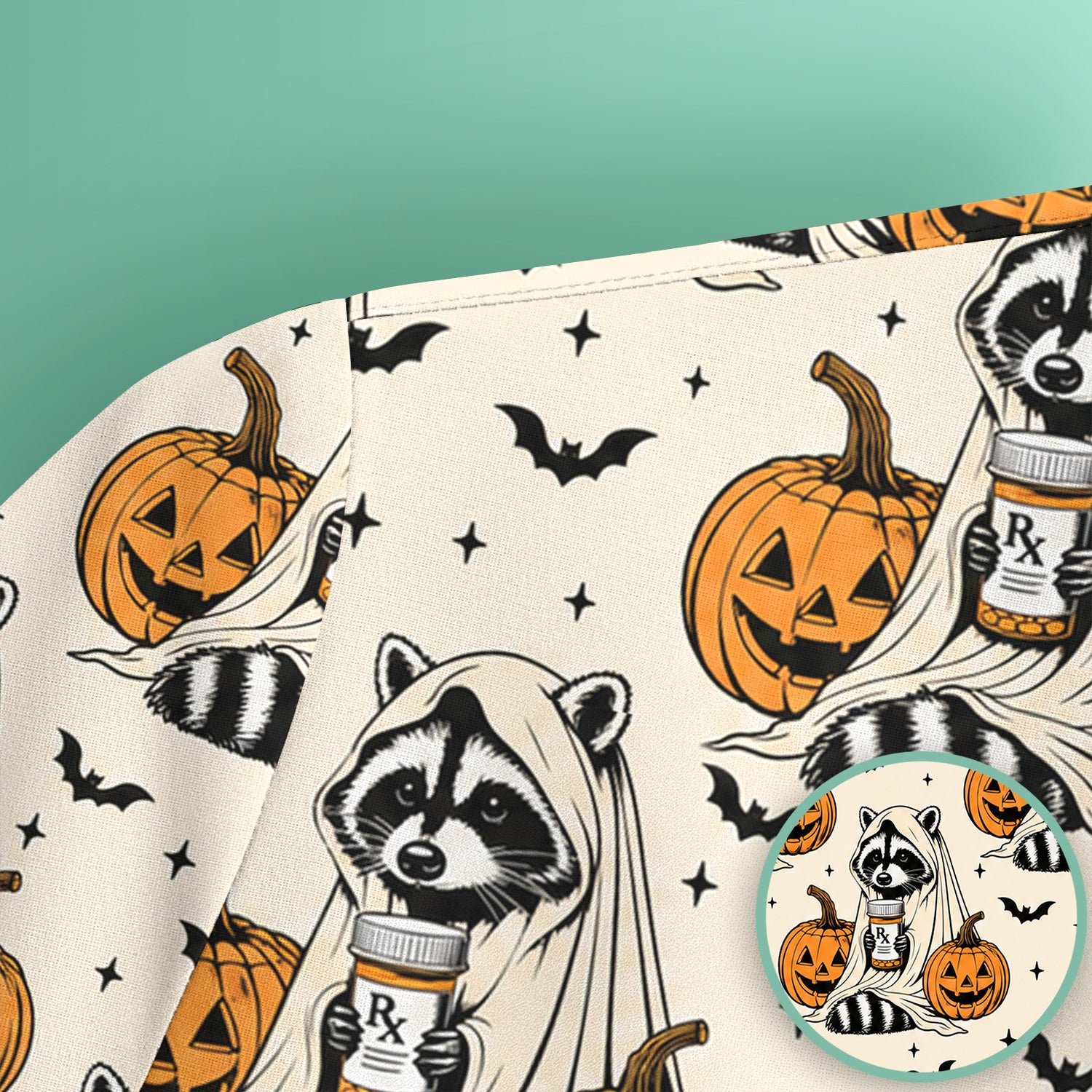 Halloween Raccoon with Pumpkin Bat Print Scrub Top, Comfortable Scrubs for Nurses