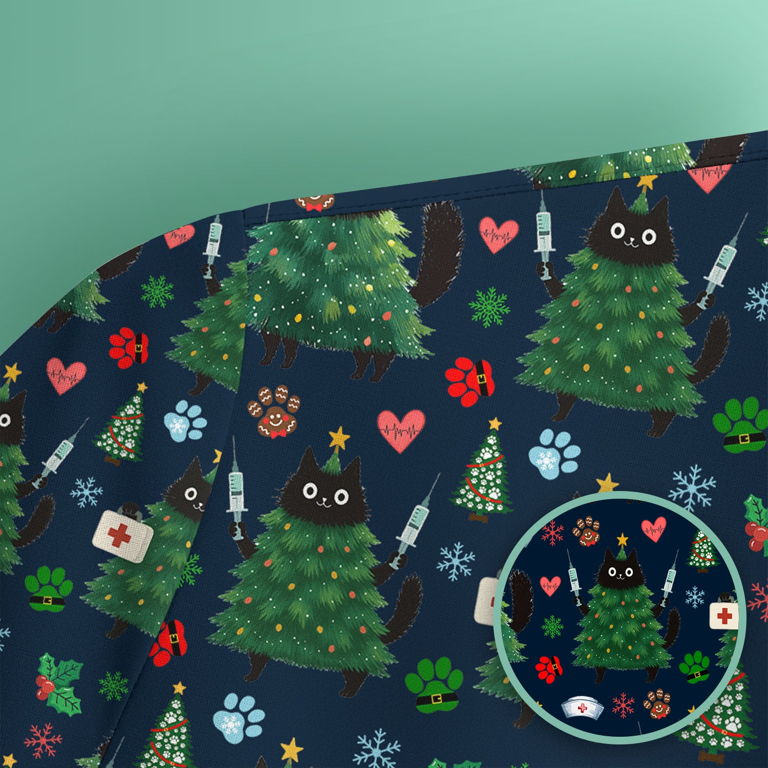 Christmas Nurse Scrub Top, Xmas Black Cat Pattern Nurse Shirt,  Breathable Fabrics Nursing Uniform