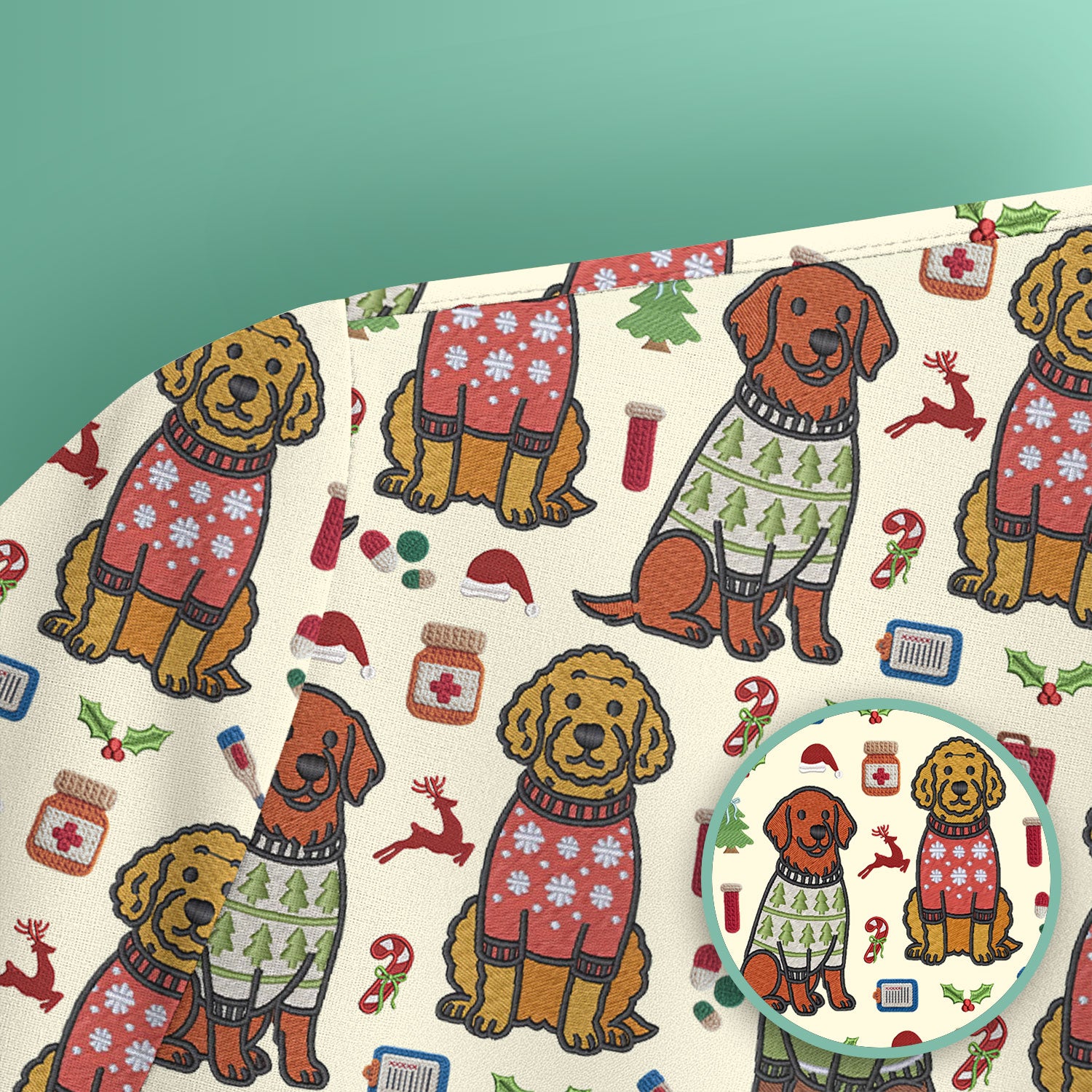 Golden Retriever Christmas Scrub Top, Cute Holiday Dog Nurse Pattern Shirt, Breathable Fabrics Nursing Uniform