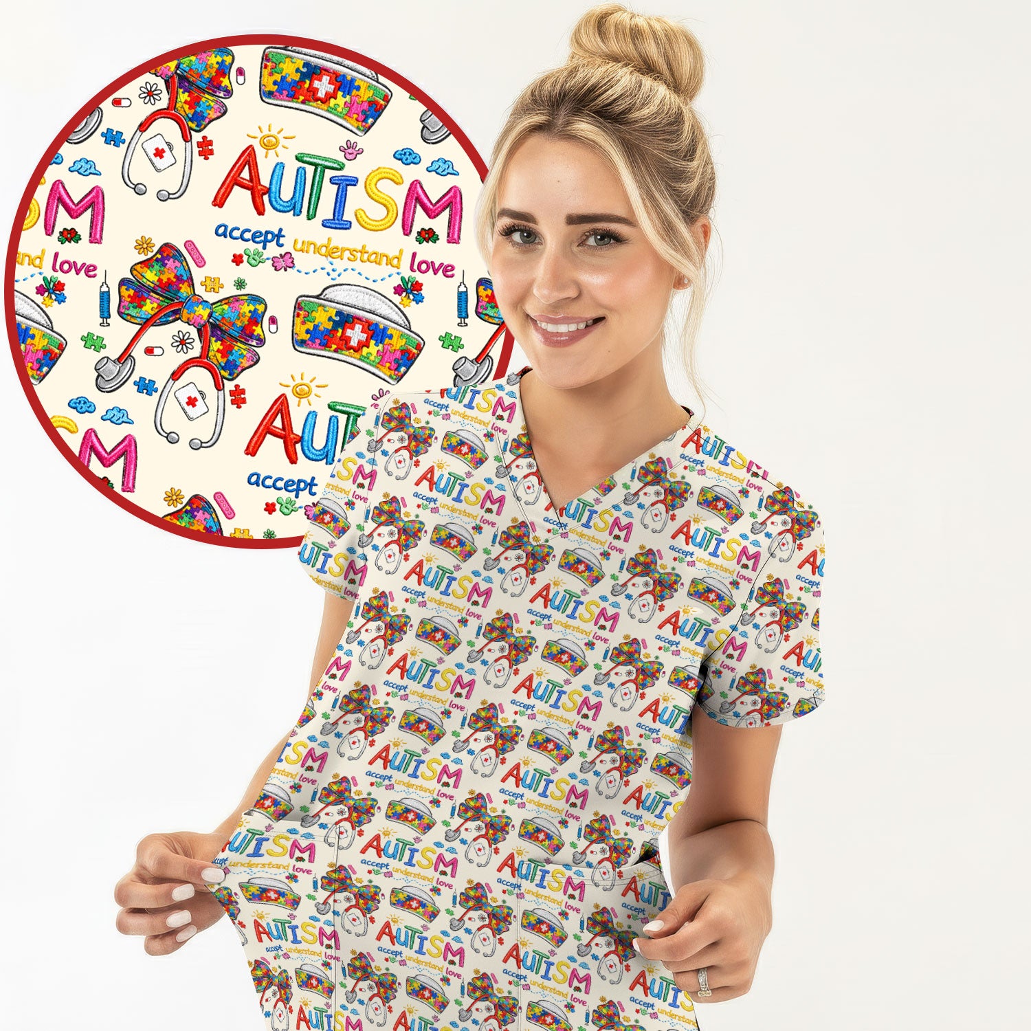 Autism Awareness Pattern Nurse Scrub Top, Accept Understand Love Puzzle Nurses Shirt, Breathable Fabrics Nursing Uniform