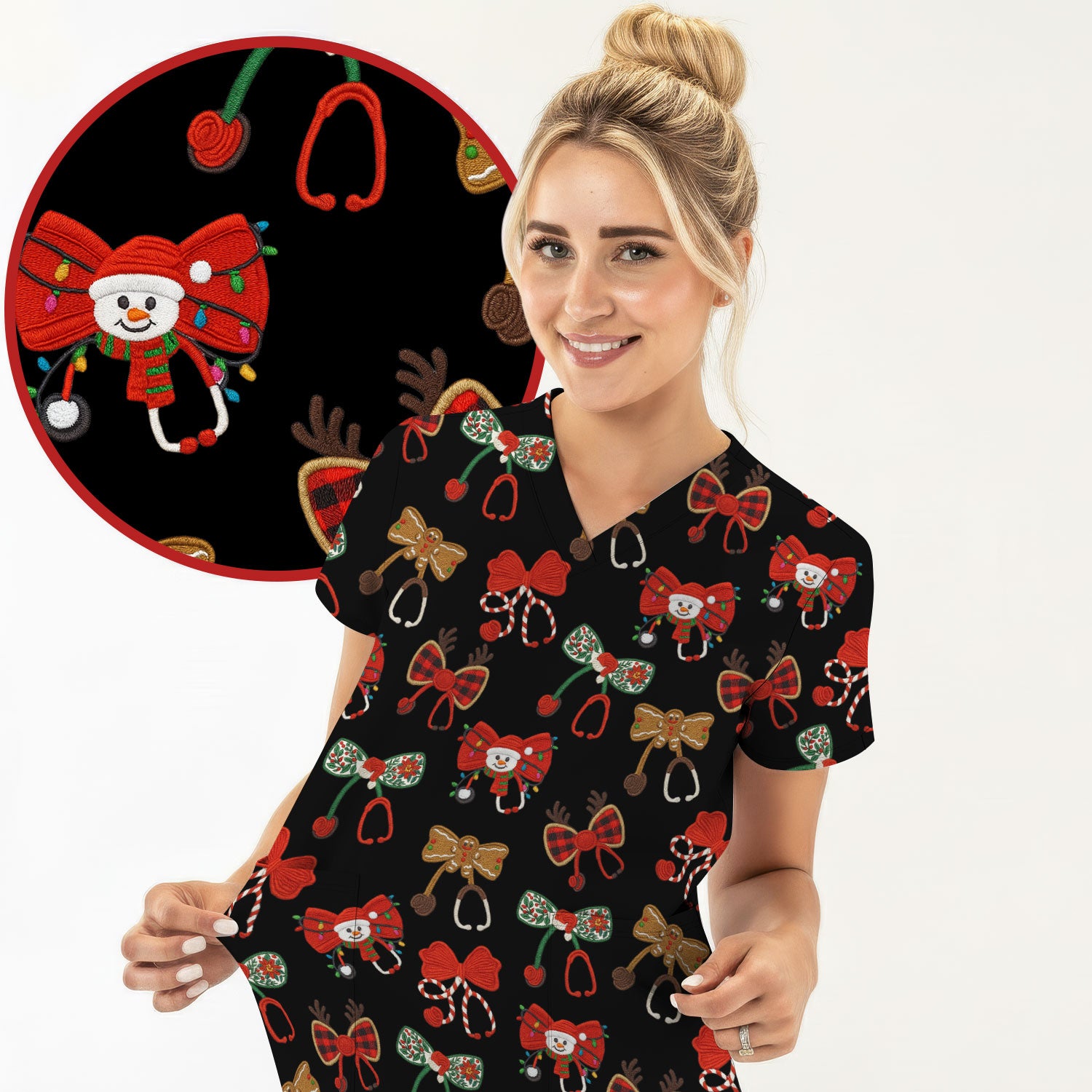 Christmas Stethoscope Bow Nurse Scrub Top, Xmas Pattern Scrub Shirt, Holiday Nursing Uniform