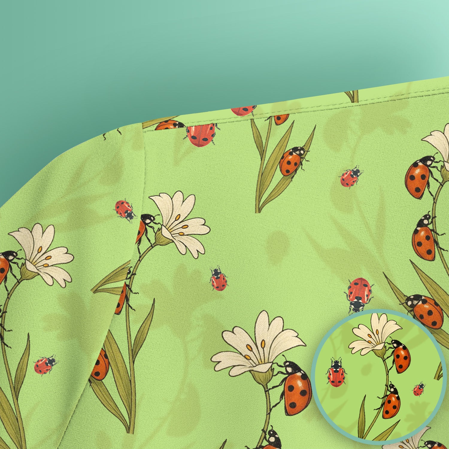 Fresh Daisy Ladybug Garden Pattern Scrub Top, Comfortable Scrubs For Nurses