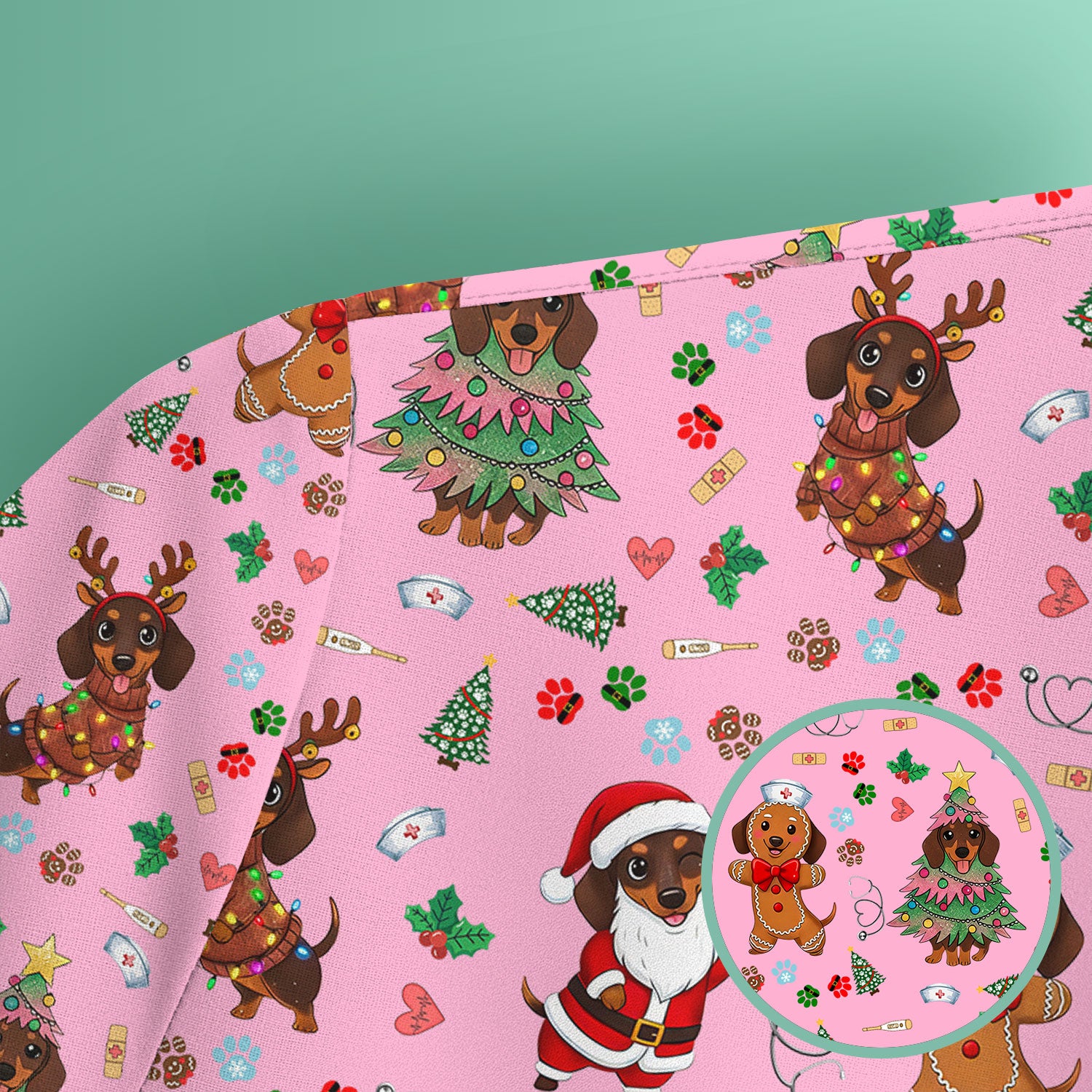Wiener Dog Christmas Scrub Top – Funny Dachshund Pattern Medical Shirt – Festive Holiday Uniform for RN, LPN, CNA, and Vet Techs