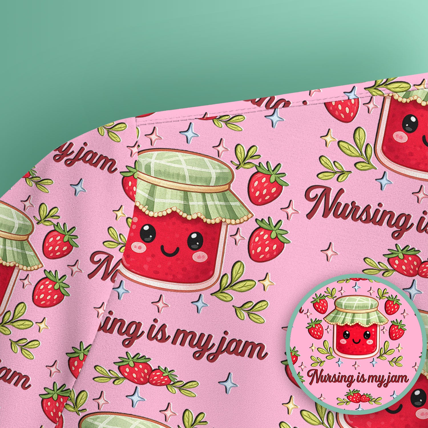 Cute Strawberry Jam Nurse Pattern Scrub Top, Breathable Fabrics Nursing Uniform