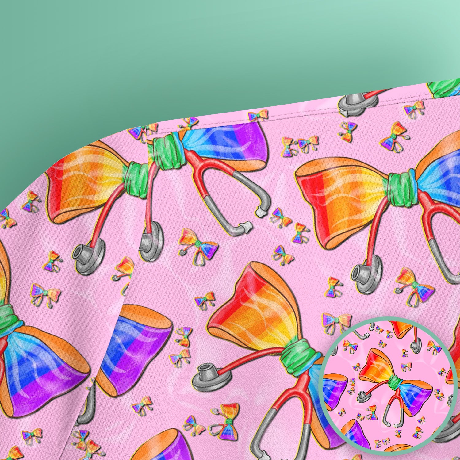 Colorful Rainbow Bow Stethoscope Pattern Scrub Top, Breathable Fabrics Nursing Uniform