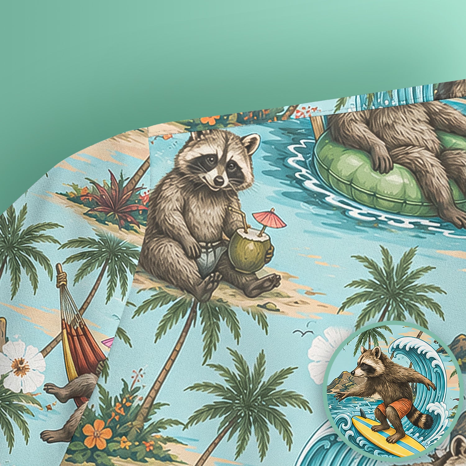 Tropical Raccoon with Surfing Island Beach Print Scrub Top, Comfortable Scrubs for Nurses