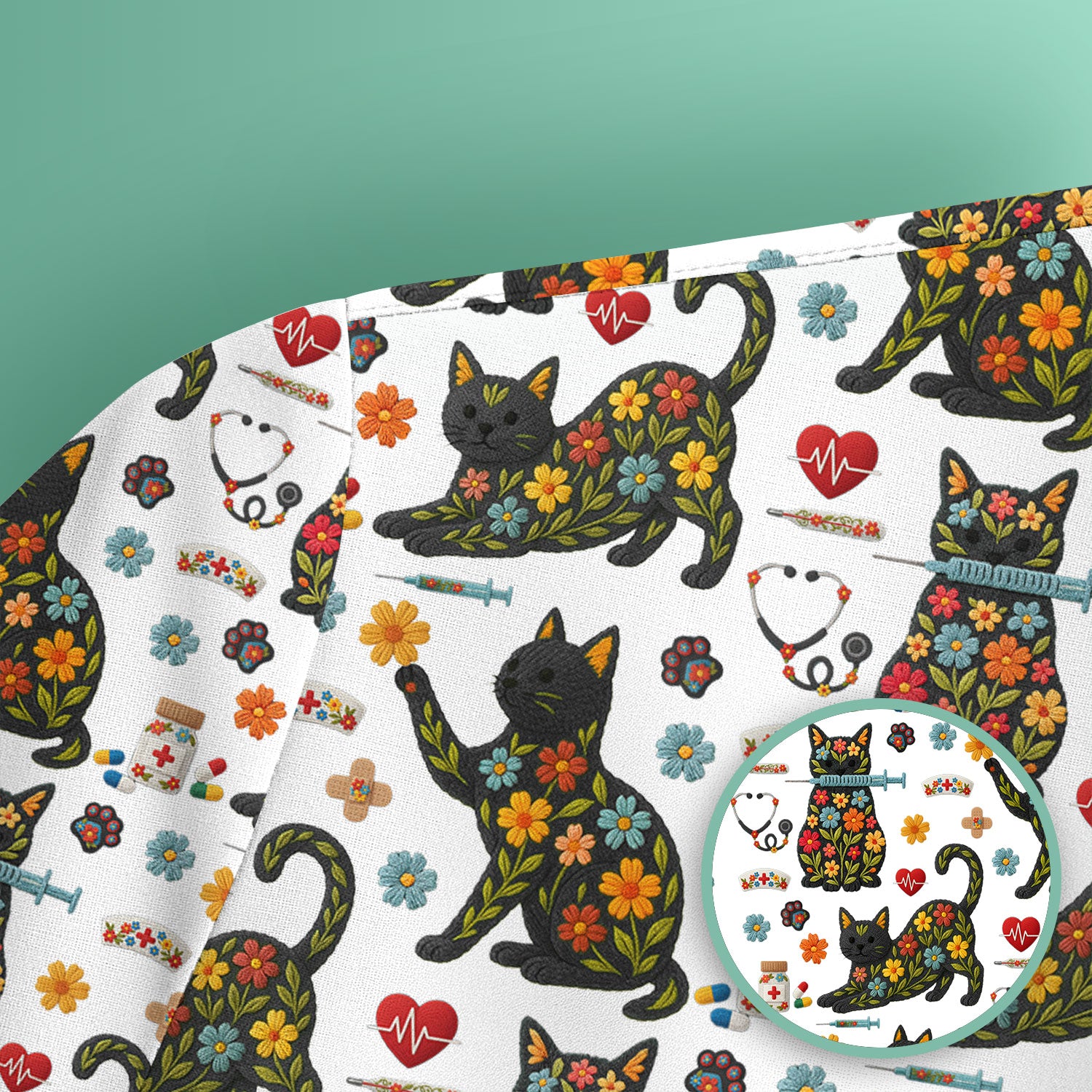 Floral Black Cat Pattern Scrub Top, Cute Cat Nurse Scrub Shirt, Medical Nursing Uniform