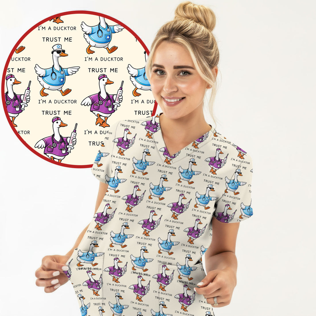 Funny Duck Cartoon Medical Pattern Scrub Top, Comfortable Scrubs for Nurses