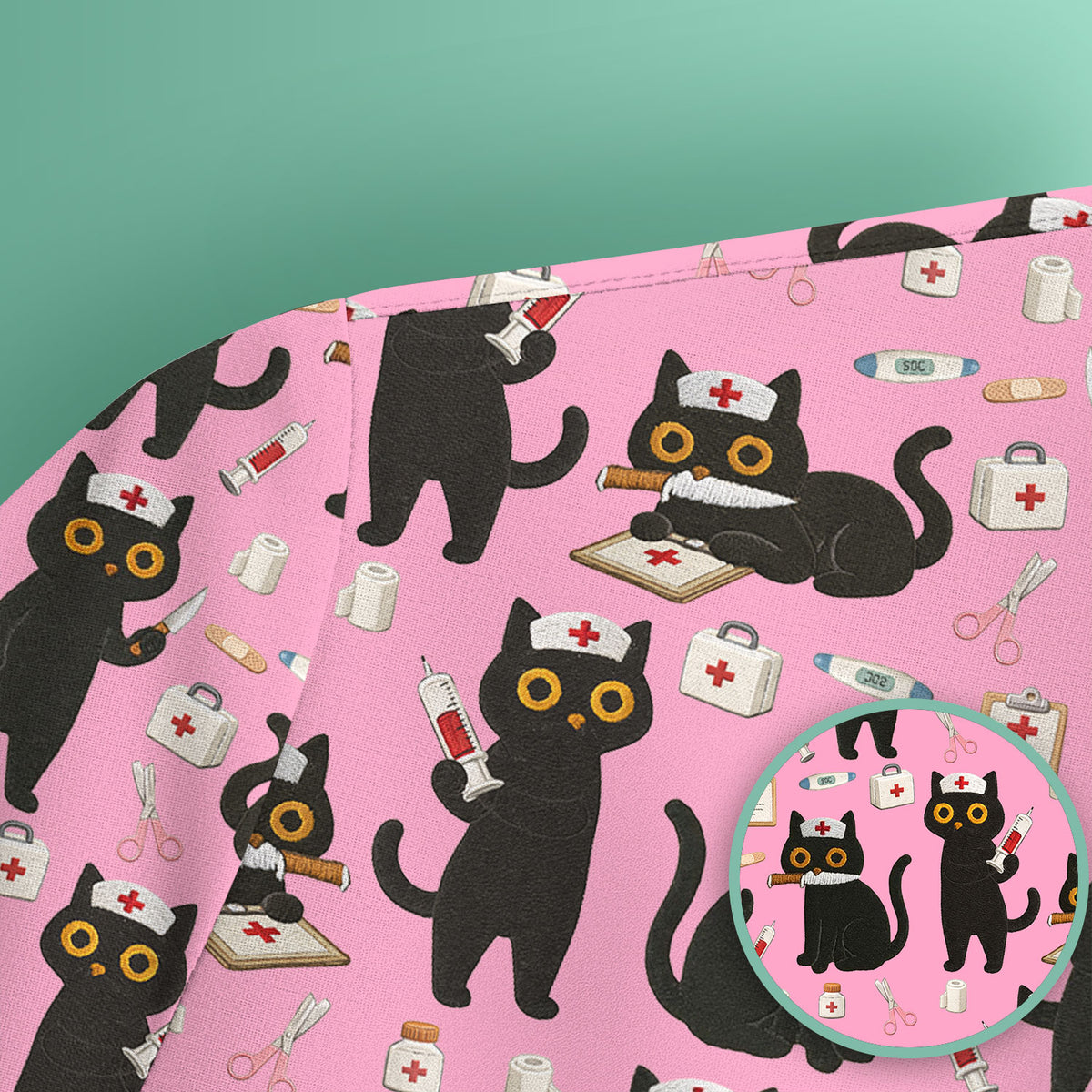 Cute Black Cat Nurse Pattern Scrub Top, Comfortable Scrubs for Nurses