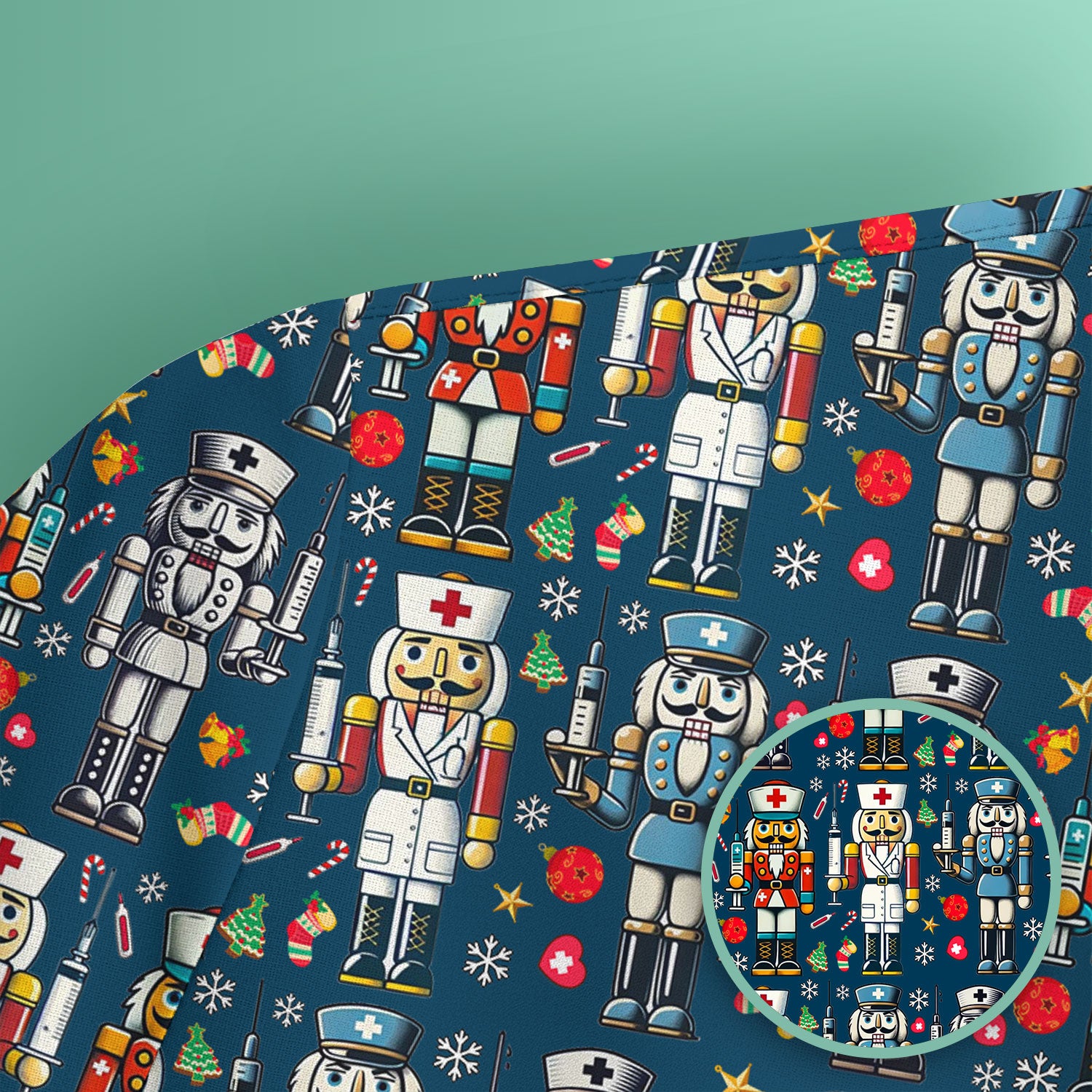 Funny Nutcracker Christmas Scrub Top – Cute Holiday Nurse Pattern Shirt – Festive Medical Uniform for RN, LPN, CNA, and Healthcare Workers
