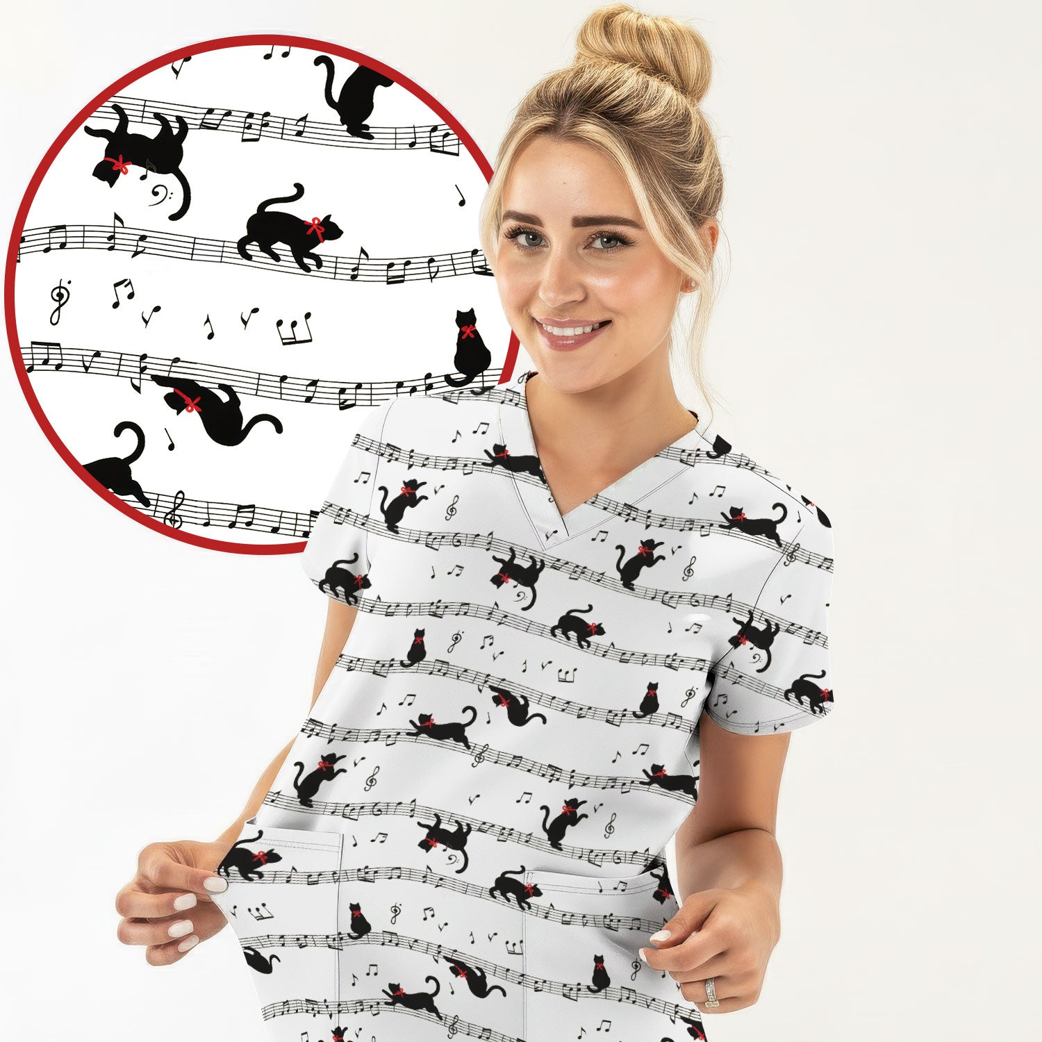 Cute Dancing Black Cat Music Staff Pattern Scrub Top, Comfortable Scrubs for Nurses