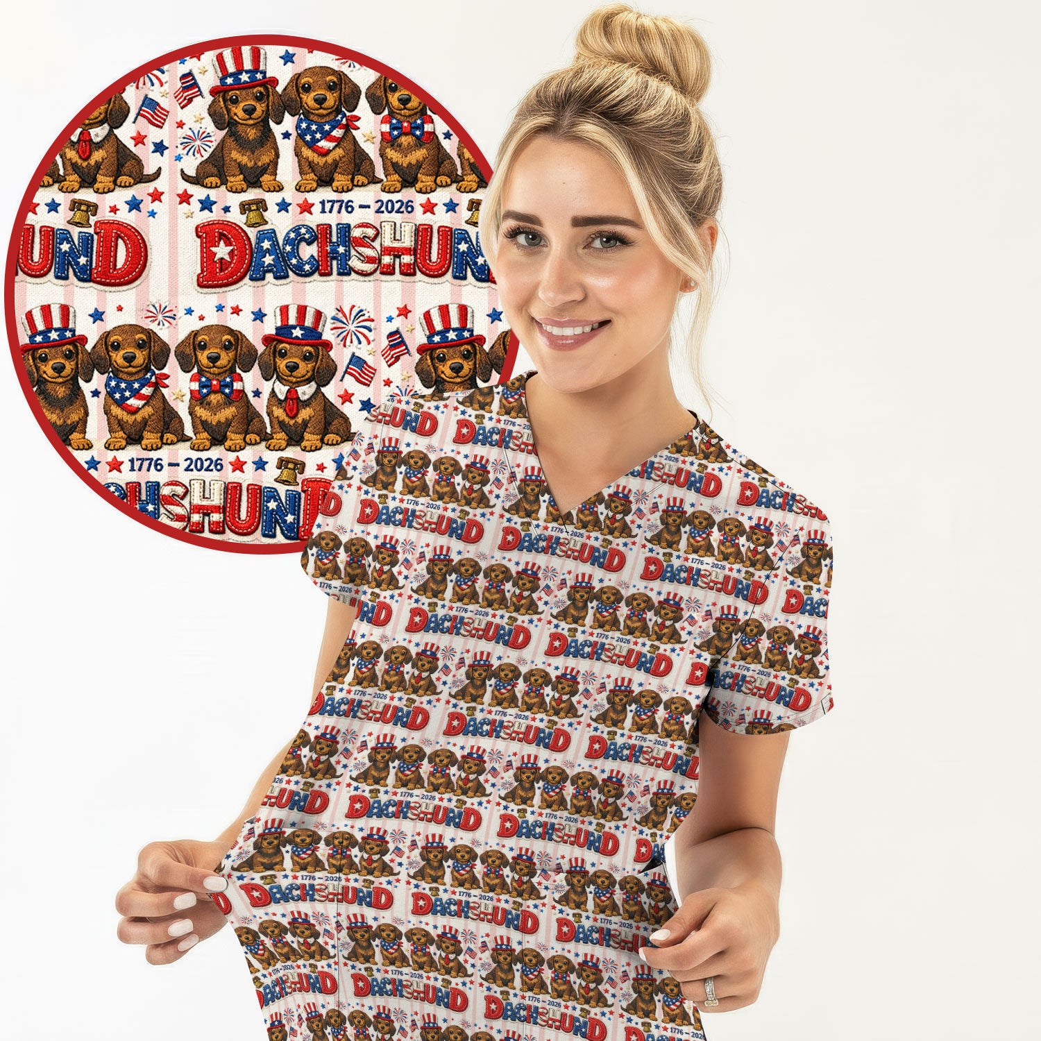 Patriotic Dachshund Fireworks Pattern Scrub Top, Comfortable Scrubs for Nurses