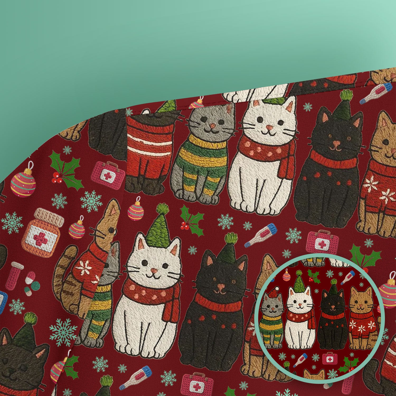 Christmas Cat Scrub Top, Funny Holiday Nurse Shirt, Festive Medical Uniform For Women RN LPN CNA Gift