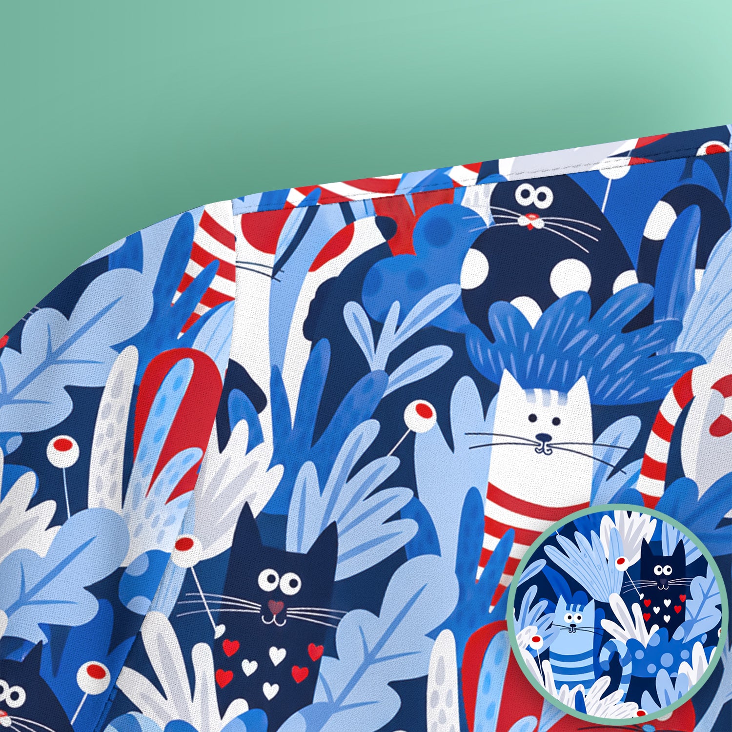Cute Cats Among Blue Foliage Pattern Scrub Top, Comfortable Scrubs for Nurses