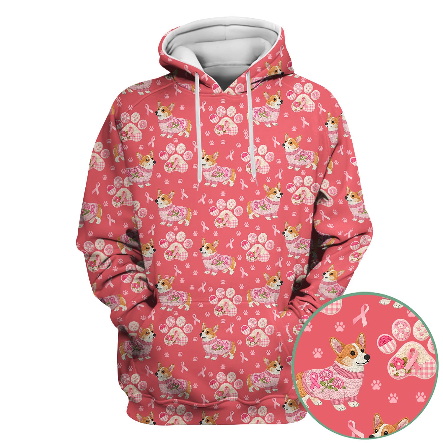 Floral Corgi Scrub Top for Women - Cute Dog Paw Print with Pink Ribbon Shirt - Breast Cancer Awareness October Gift