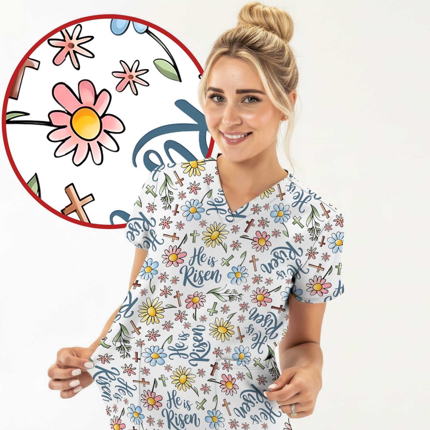 He Is Risen Cross Flower Pattern Scrub Top, Comfortable Scrubs For Nurses