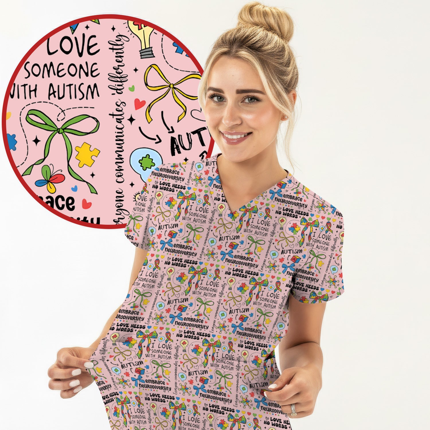 Autism Awareness Puzzle Ribbon Pattern Scrub Top, Breathable Fabrics Nursing Uniform