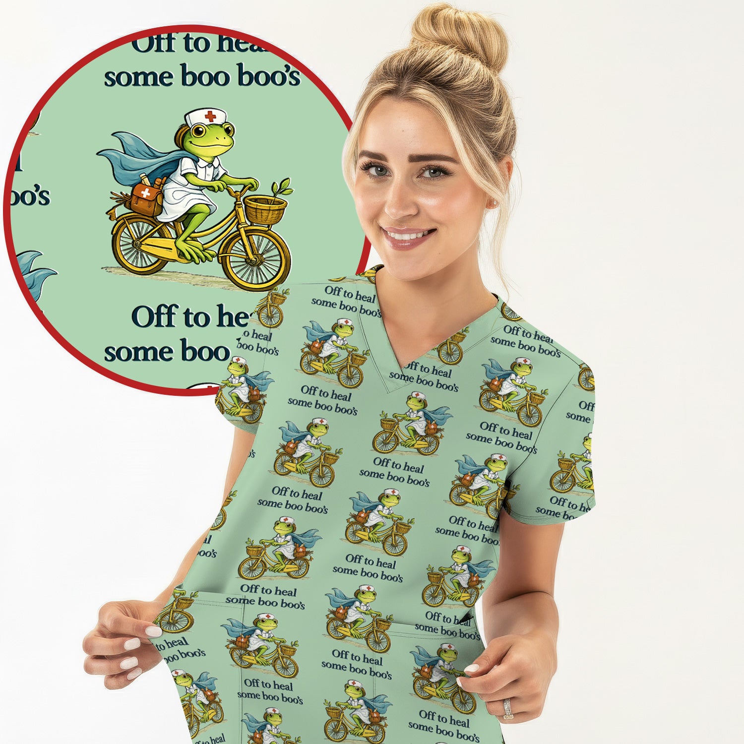 Funny Frog Nurse Cycling Pattern Scrub Top, Comfortable Scrubs for Nurses