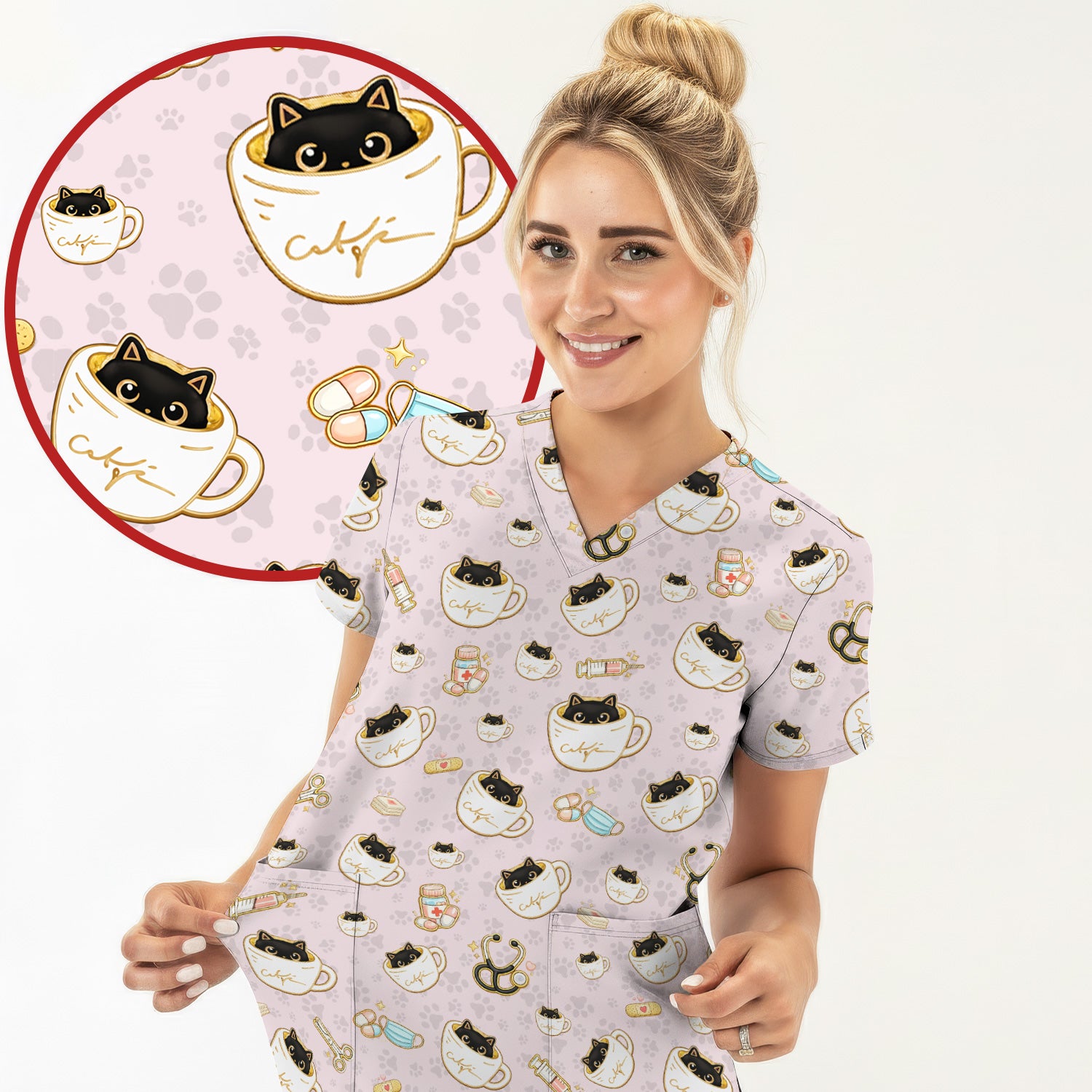 Cute Coffee Cat Medical Print Scrub Top, Breathable Fabrics Nursing Uniform