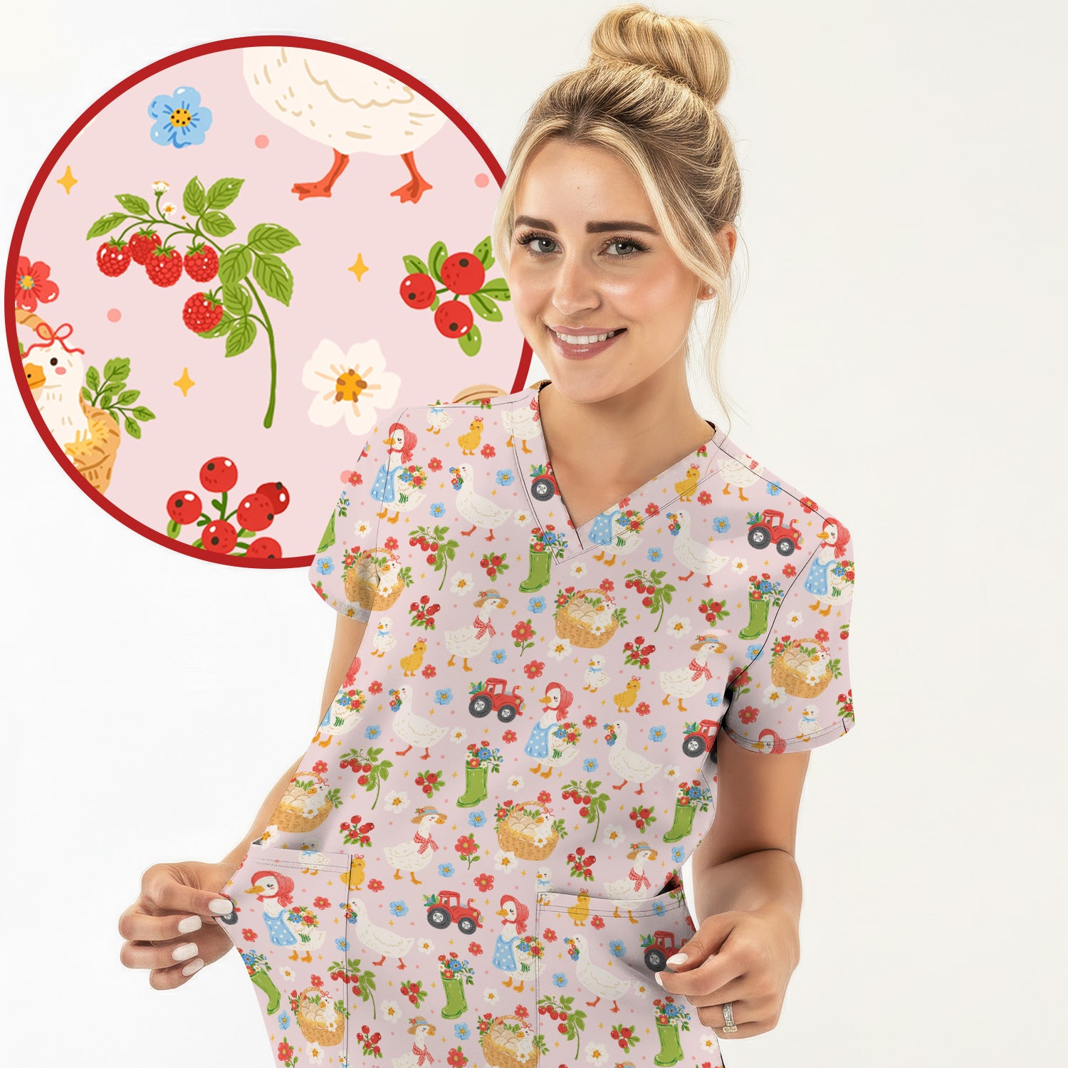 Farm Duck Chicken Tractor Flower Basket Scrub Top, Breathable Fabrics Nursing Uniform