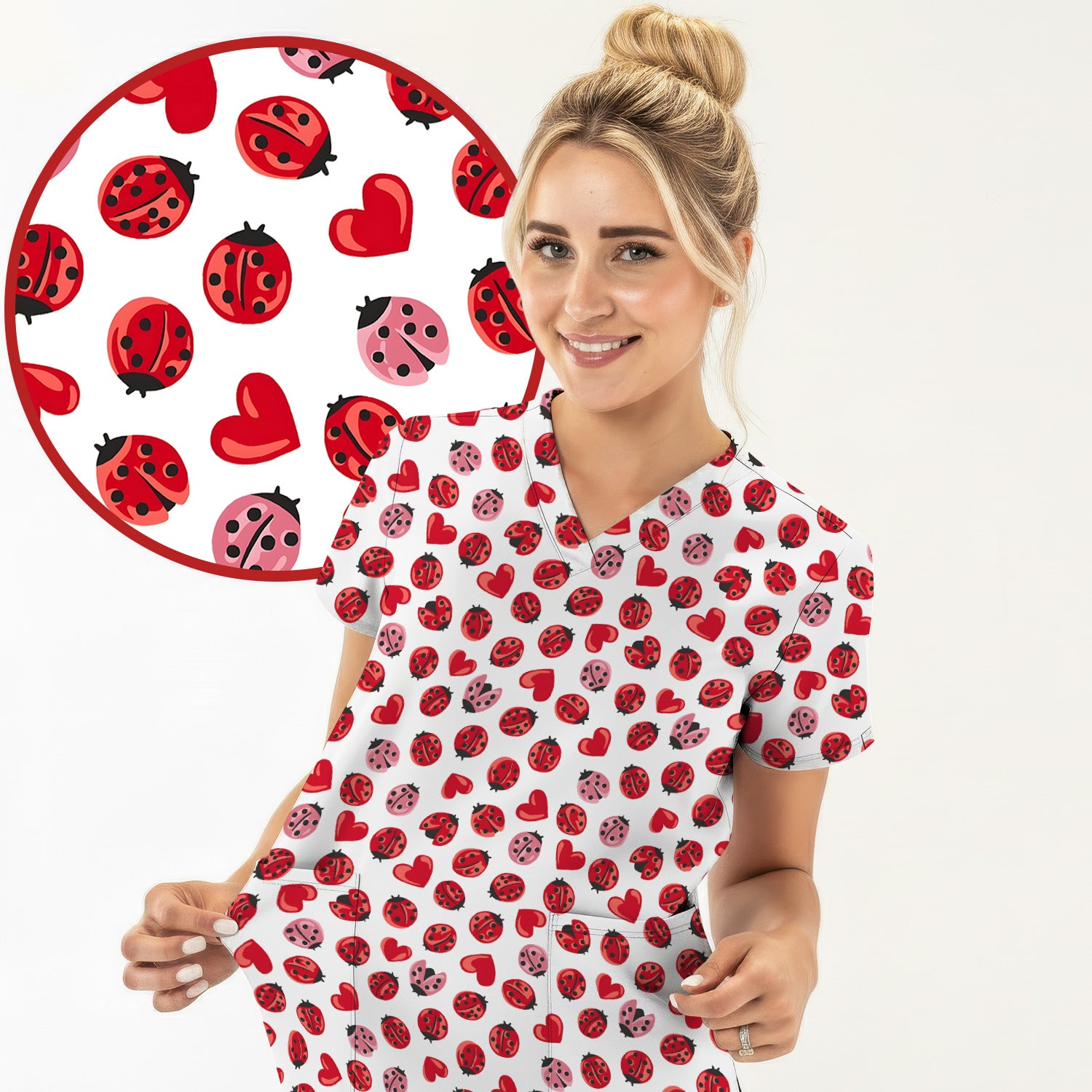 Cute Ladybug and Red Heart All Over Print Scrub Top, Comfortable Scrubs for Nurses