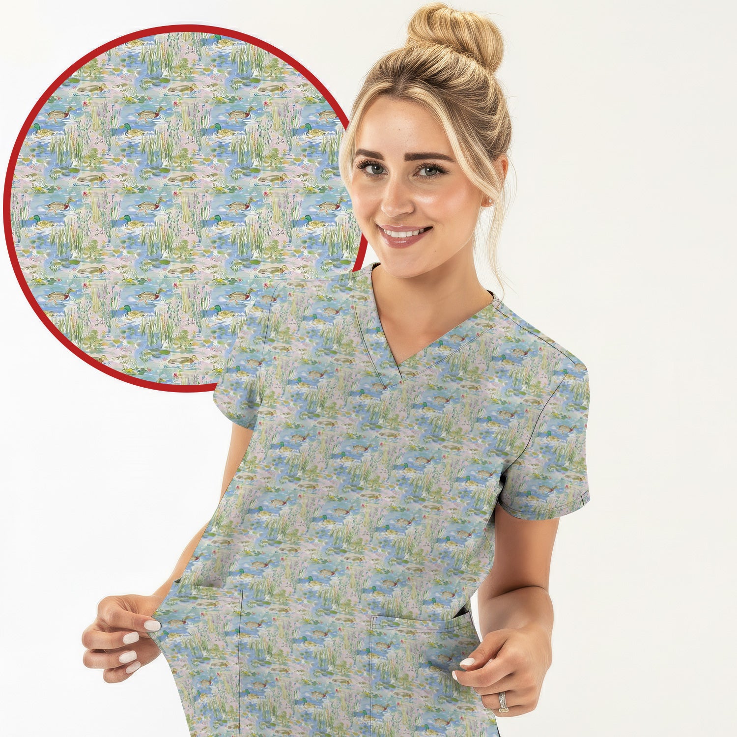 Ducks in Pond Water Pattern Scrub Top, Breathable Fabrics Nursing Uniform
