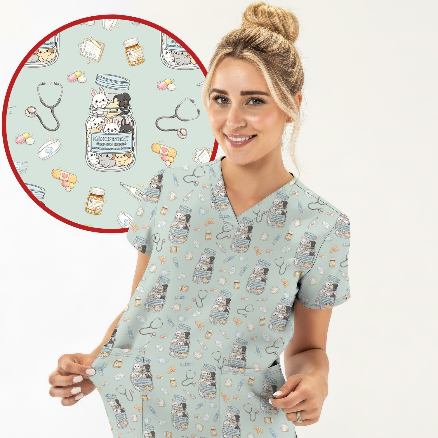 Whimsical Antidepressant Rabbit Jar Design Nurse Scrub Top, Soft & Breathable Workwear