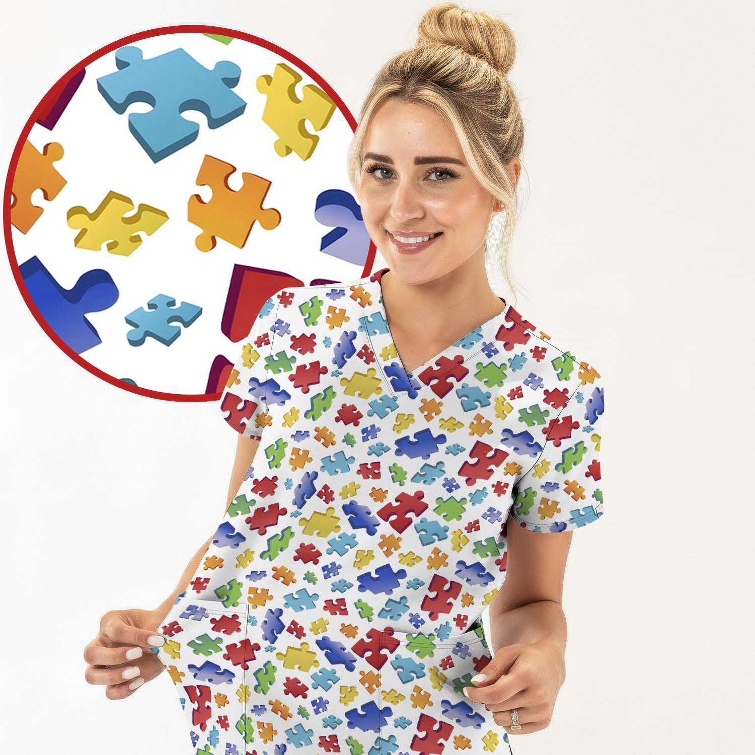 Colorful Scattered Puzzle Piece Pattern Scrub Top, Breathable Scrubs for Nurses, Autism