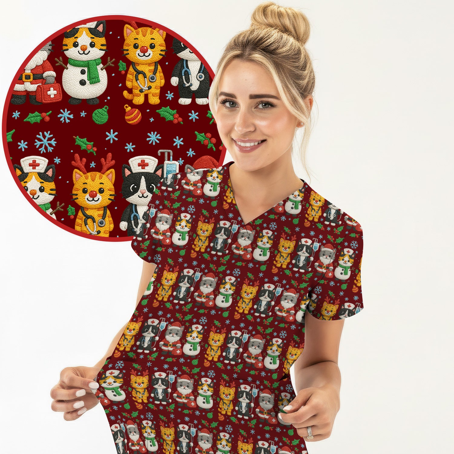 Christmas Cat Nurse Pattern Scrub Top, Cute Holiday Kitty Medical Uniform Shirt For Nursing