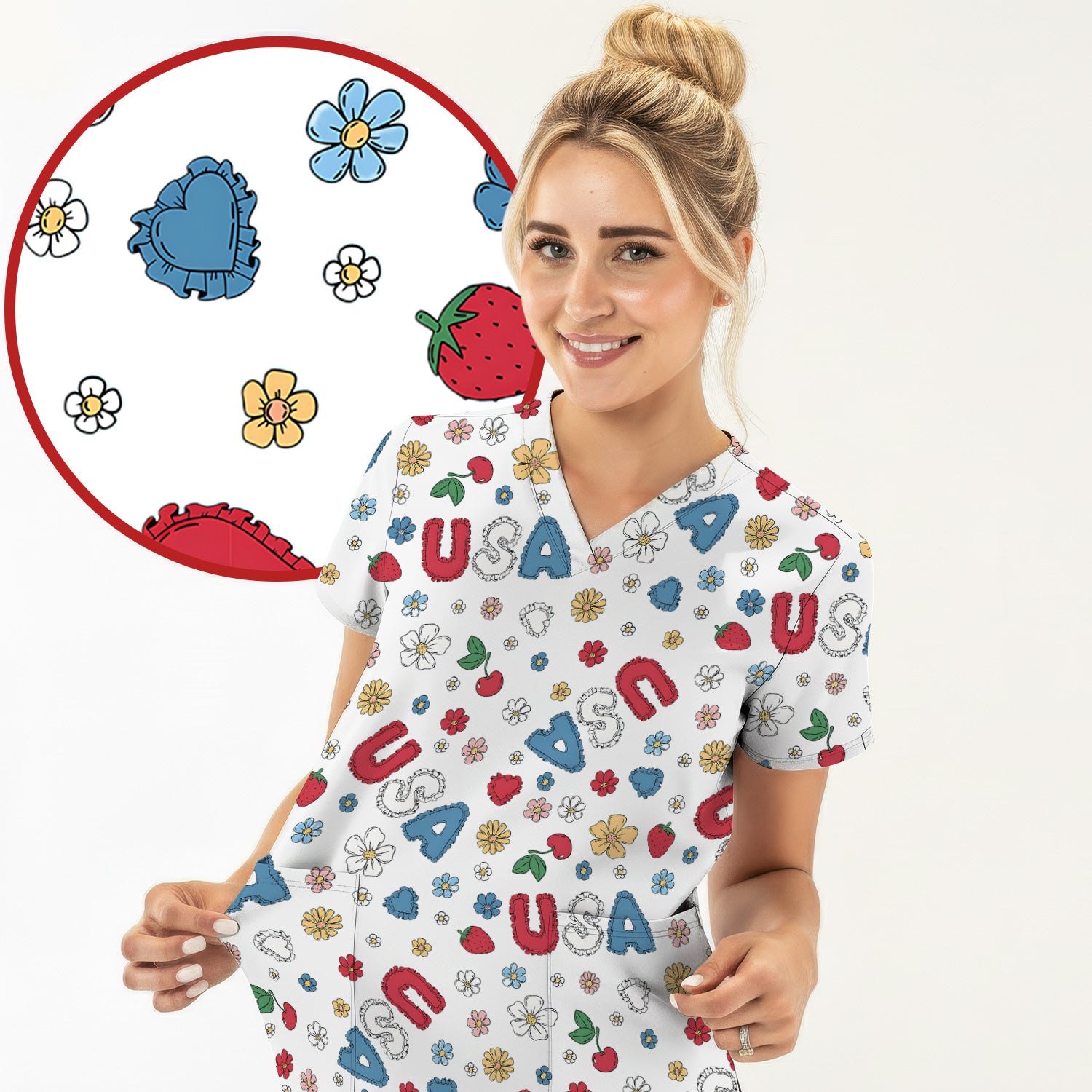 USA Cherry Strawberry Floral Patch Pattern Scrub Top, Comfortable Scrubs for Nurses