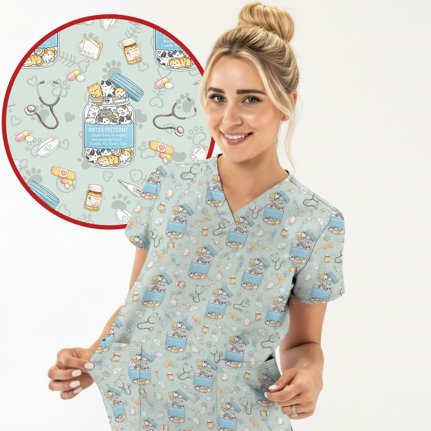 Cute Antidepressant Cat Jar Print Nurse Scrub Top, Breathable Fabrics Nursing Uniform