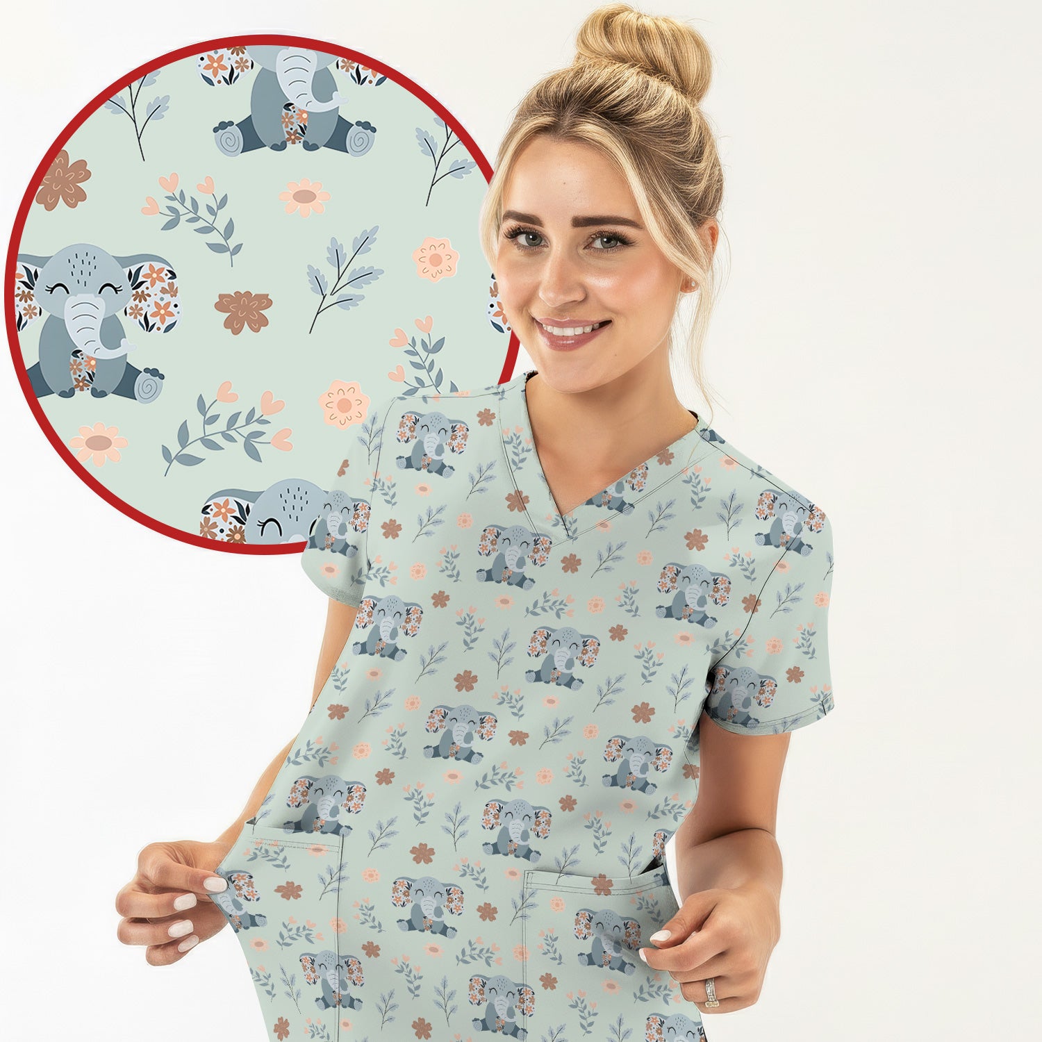Cute Elephant Floral Print Scrub Top, Comfortable Scrubs for Nurses