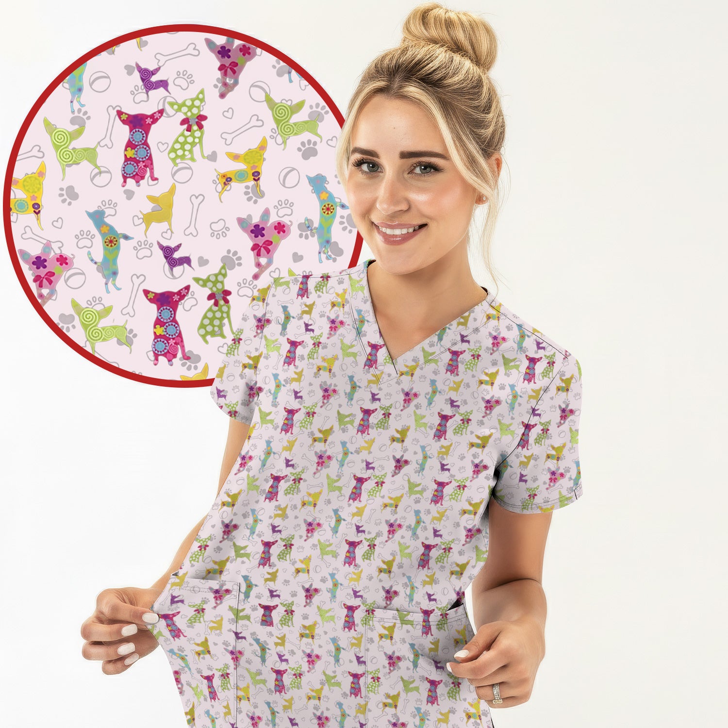 Colorful Playful Dog Print Nurse Scrub Top, Comfortable Scrubs for Nurses